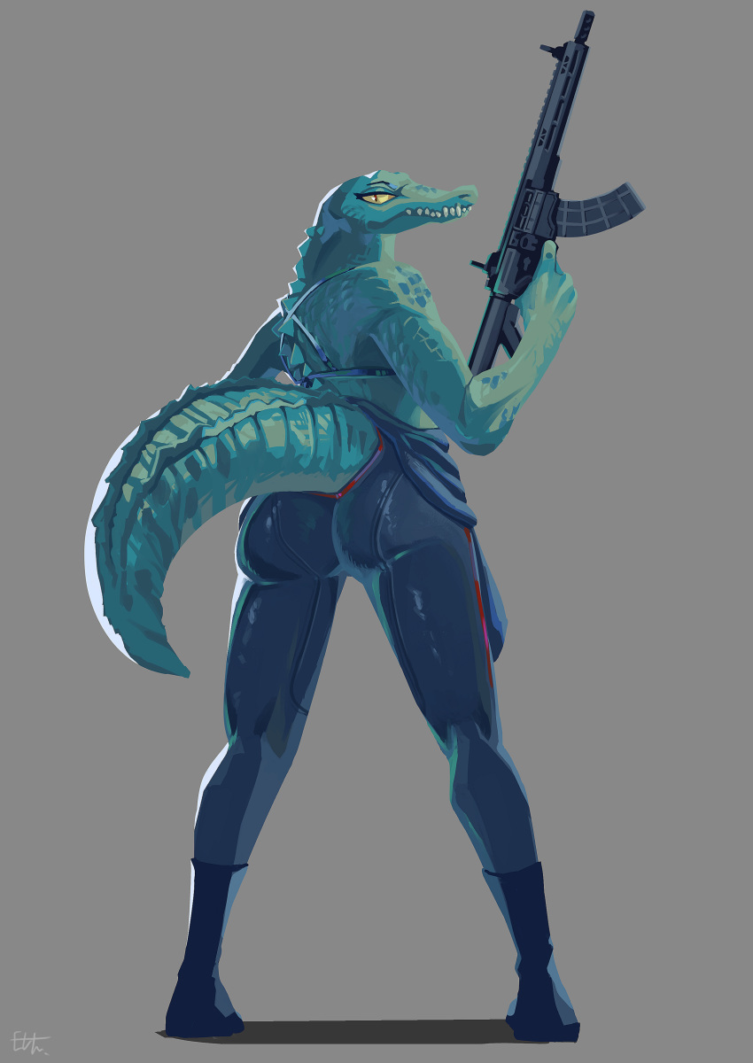absurd_res anthro clothing crocodile crocodilian crocodylid digital_media_(artwork) female full-length_portrait green_body green_scales grey_background gun hi_res holding_object holding_weapon kemokin_mania looking_at_viewer looking_back portrait pupils ranged_weapon reptile rifle scales scalie simple_background slit_pupils solo spikes spikes_(anatomy) standing swimwear tail teeth tight_clothing water weapon wetsuit yellow_sclera