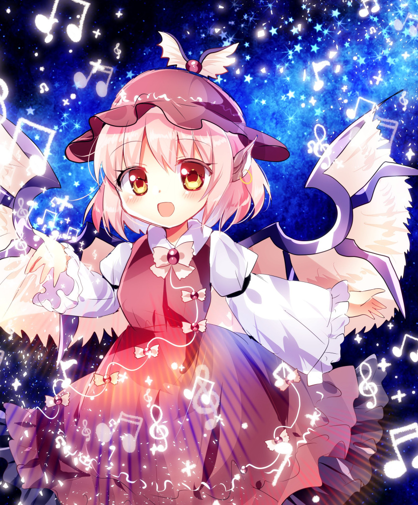 1girl absurdres animal_ears beamed_eighth_notes beamed_sixteenth_notes bird_ears bird_wings blush brown_dress brown_headwear dress earrings eighth_note frilled_dress frilled_sleeves frills hat highres jewelry long_sleeves musical_note mystia_lorelei open_mouth ougi_maimai pink_hair quarter_note short_hair single_earring smile solo touhou treble_clef upper_body white_wings wide_sleeves winged_hat wings yellow_eyes