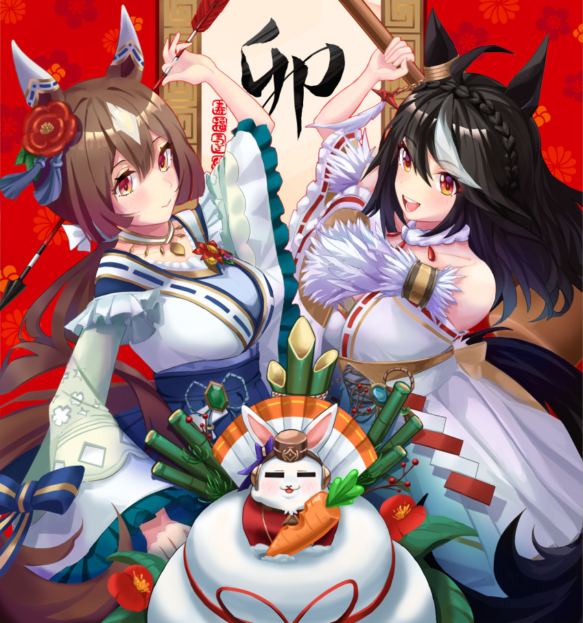 2girls =_= absurdres animal_ears animalization arrow_(projectile) azul_(hhez3423) bamboo bare_shoulders black_hair bow braid brown_hair carrot chinese_commentary chinese_zodiac commentary crown_braid ear_bow ear_covers feather-trimmed_sleeves feather_trim floral_background flower flower_request frilled_kimono frills fur_choker gold_ship_(umamusume) gradient_eyes hair_flower hair_ornament hamaya hanging_scroll happy_new_future_(umamusume) happy_new_year headgear highres holding holding_arrow horse_ears horse_girl horse_tail japanese_clothes jewelry kadomatsu kagami_mochi kimono kitasan_black_(jubilant_star_auspicious_crane)_(umamusume) kitasan_black_(umamusume) long_hair medium_hair mixed-language_commentary multicolored_eyes multicolored_hair multiple_girls necklace new_year official_alternate_costume official_alternate_hairstyle open_mouth orange_eyes pillbox_hat purple_bow red_background red_eyes satono_diamond_(floral_star_prosperous_green)_(umamusume) satono_diamond_(umamusume) scroll streaked_hair tail two-tone_hair umamusume white_hair year_of_the_rabbit