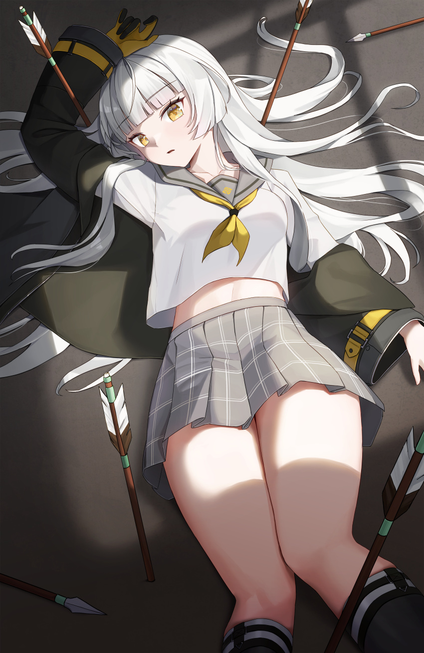 1girl absurdres arrow_(projectile) black_survival breasts collarbone cowboy_shot eternal_return:_black_survival highres long_hair looking_at_viewer medium_breasts midriff_peek minami_rio miniskirt open_mouth rinrasetsu school_uniform serafuku skirt solo white_hair yellow_eyes