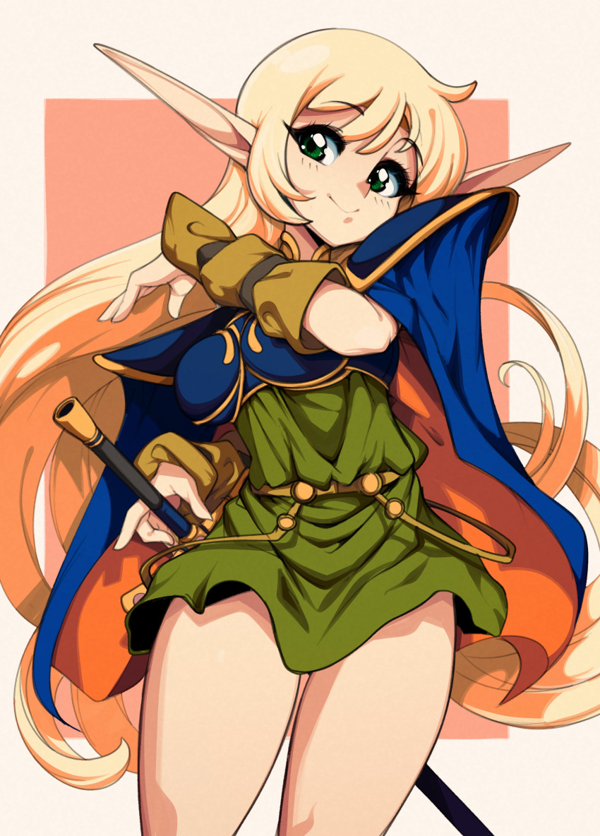 1girl absurdres arm_warmers blonde_hair blue_cape blush cape closed_mouth deedlit green_eyes highres holding holding_sword holding_weapon long_hair orange_background pink_background pointy_ears record_of_lodoss_war slugbox smile solo standing sword thighs two-tone_background weapon