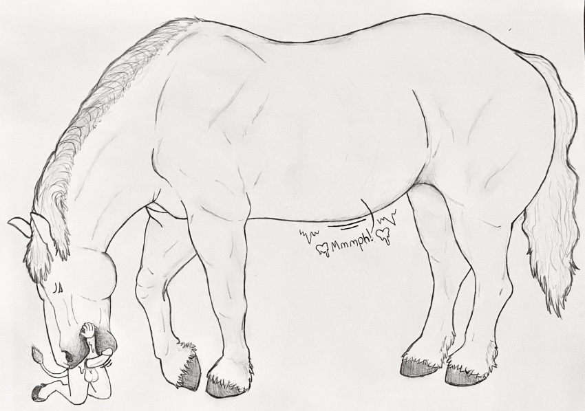 &lt;3 ambiguous_gender anthro balls bodily_fluids body_in_mouth bovid bovine cattle equid equine erection feral genitals graphite_(artwork) group hgythshs hi_res horse in_mouth larger_ambiguous larger_feral male mammal mane monochrome penis saliva size_difference smaller_anthro smaller_male traditional_media_(artwork) trio vore willing_prey