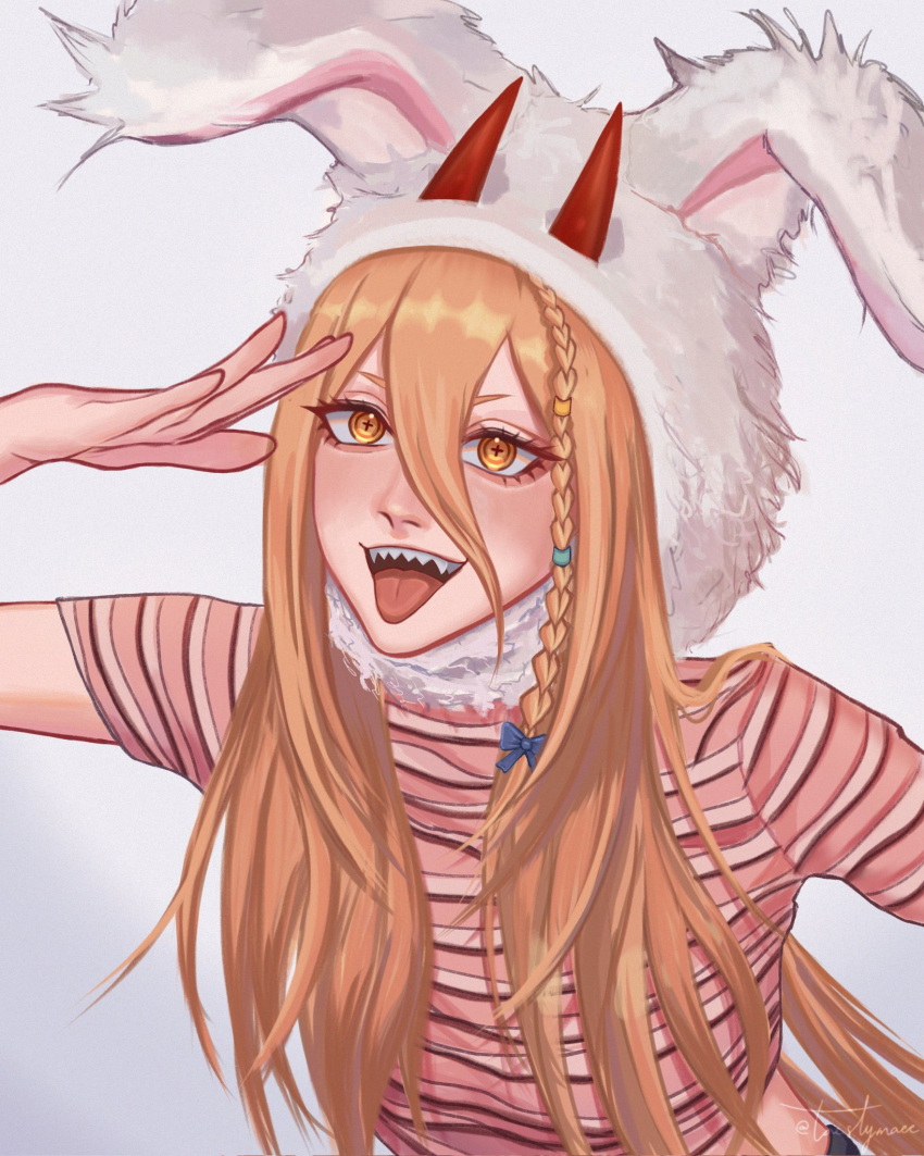 1girl animal_hat blonde_hair bow braid bunny_hat chainsaw_man crop_top cross-shaped_pupils hair_between_eyes hair_bow hat highres horns horns_through_headwear long_hair looking_to_the_side open_mouth power_(chainsaw_man) red_horns sharp_teeth shirt side_braid solo striped striped_shirt symbol-shaped_pupils taestymaee teeth tongue tongue_out twitter_username yellow_eyes