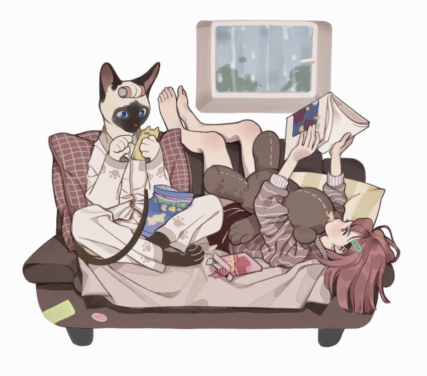 2girls bag_of_chips bare_legs barefoot blue_eyes book brown_eyes cat chakanyuantu couch furry hair_ornament hairclip highres multiple_girls open_book original pillow profile sitting stuffed_animal stuffed_toy teddy_bear upside-down window