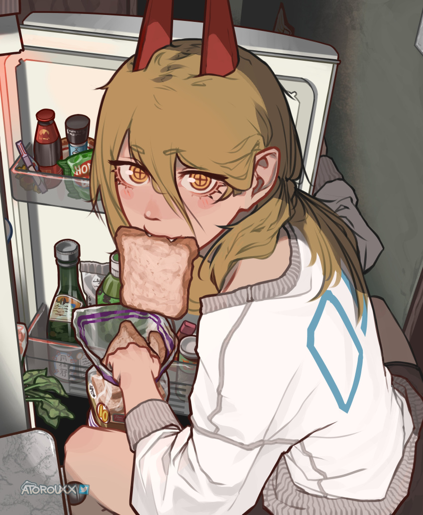 1girl absurdres artist_name atoroux blonde_hair bottle bread bread_slice chainsaw_man cross-shaped_pupils fangs food food_in_mouth hair_between_eyes highres horns long_hair looking_at_viewer power_(chainsaw_man) red_horns refrigerator solo squatting sweater symbol-shaped_pupils white_sweater wine_bottle yellow_eyes