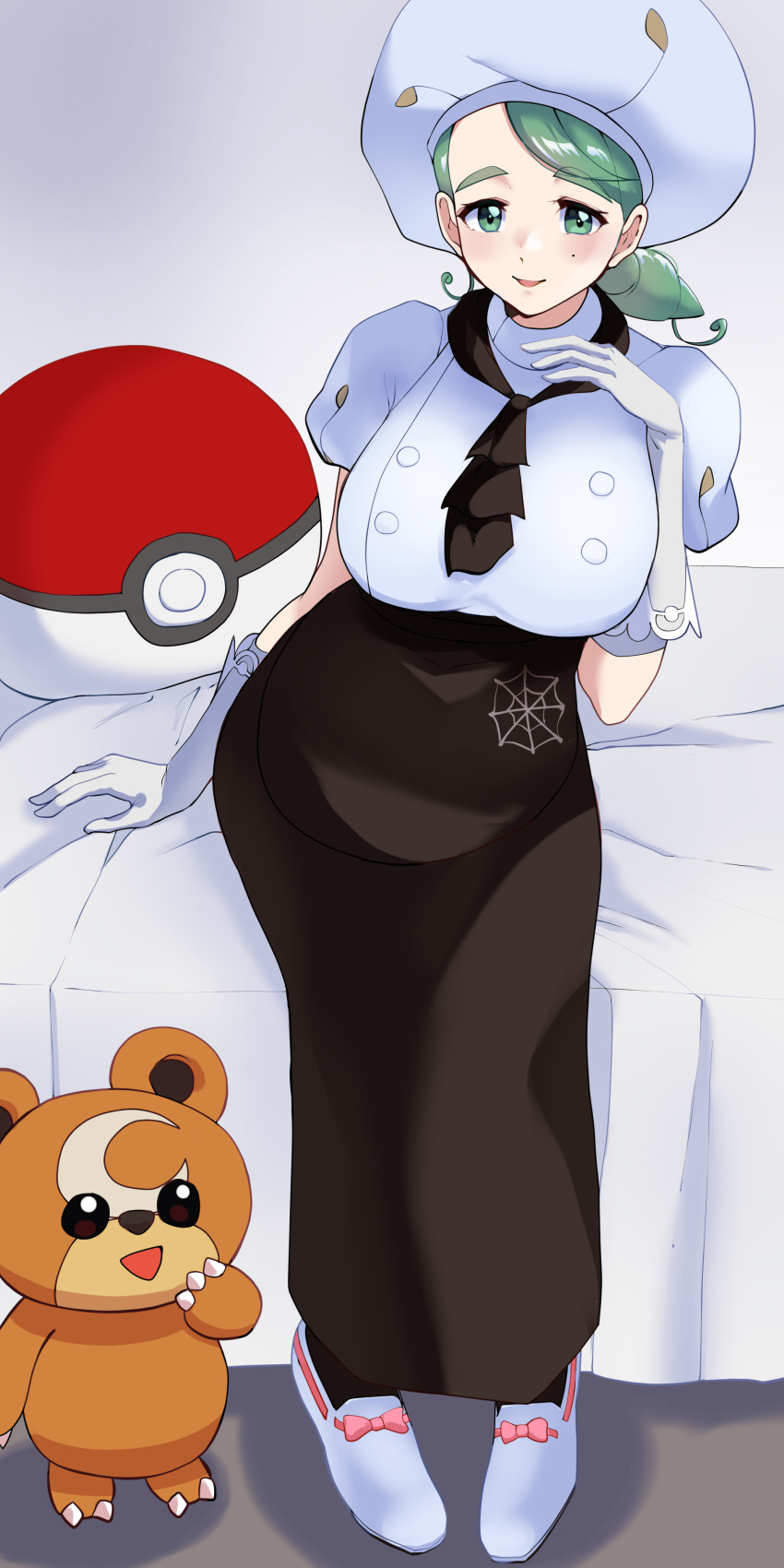 1girl absurdres arm_support ascot bangs blush breasts brown_ascot brown_skirt buttons commentary_request double-breasted drill_hair gloves green_eyes green_hair hand_up hat highres indoors katy_(pokemon) mole mole_on_cheek on_bed one_eye_closed pigeon-toed poke_ball_print pokemon pokemon_(creature) pokemon_(game) pokemon_sv shirt shoes short_sleeves sitting skirt smile spider_web_print teddiursa tetsuji_(i_ttj_f_c)