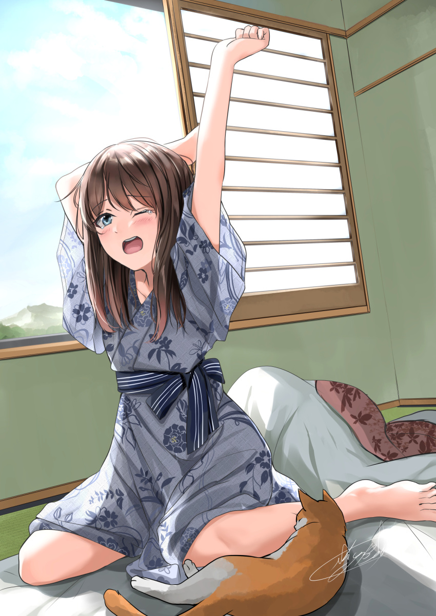 1girl arm_behind_head blanket blue_sky blush brown_hair cat cloud cloudy_sky collarbone day floral_print full_body green_eyes grey_kimono hair_over_shoulder hand_up highres indoors japanese_clothes kimono medium_hair mountainous_horizon one_eye_closed open_mouth orange_cat original print_kimono ryokan sidelocks signature sitting sky solo soragane_(banisinngurei) stretching tears teeth tree upper_teeth_only wariza wide_sleeves window yukata