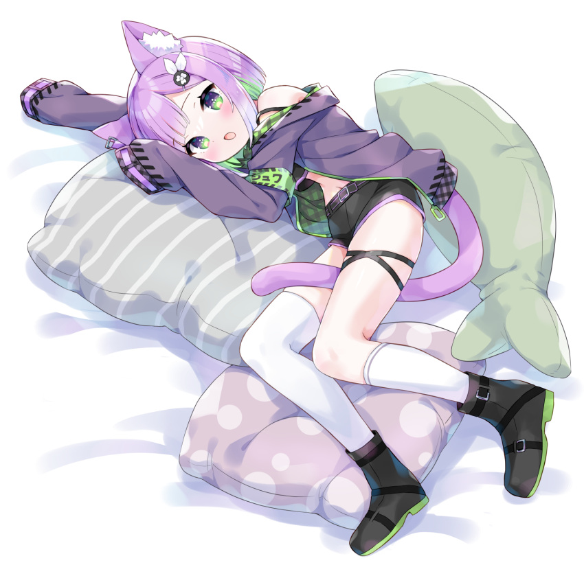 1girl amimi animal_ear_fluff animal_ears belt black_footwear black_shirt black_shorts boots cat_ears cat_girl cat_tail commission cropped_shirt full_body green_eyes highres indie_virtual_youtuber jacket kneehighs long_sleeves looking_at_viewer lying navel on_side open_clothes open_jacket purple_hair purple_jacket shirt short_shorts shorts shwaa single_kneehigh single_sock single_thighhigh skeb_commission sleeves_past_fingers sleeves_past_wrists socks tail thighhighs virtual_youtuber white_thighhighs