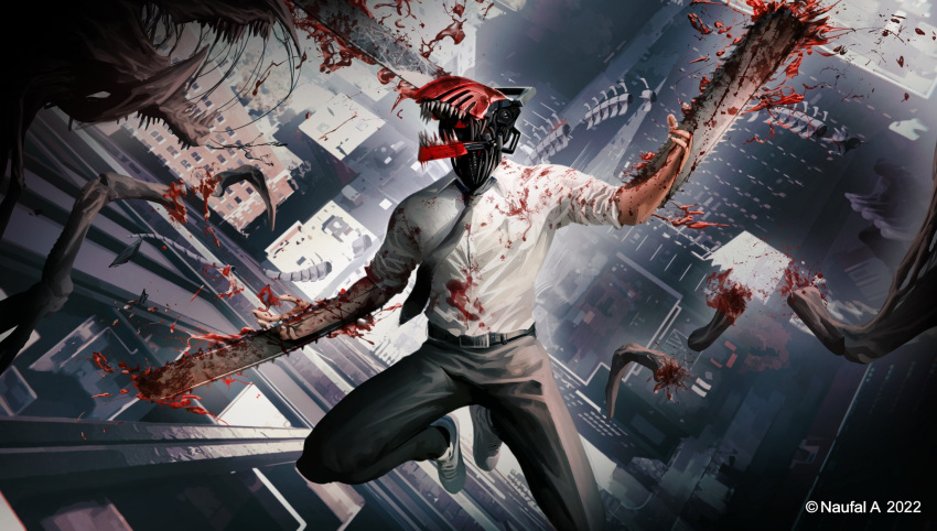 1boy artist_name black_necktie black_pants blood blood_on_clothes blood_splatter blood_spray chainsaw chainsaw_man cityscape collared_shirt dated denji_(chainsaw_man) facing_to_the_side highres midair naofaro necktie open_mouth pants sharp_teeth shirt shirt_tucked_in solo spine teeth white_shirt