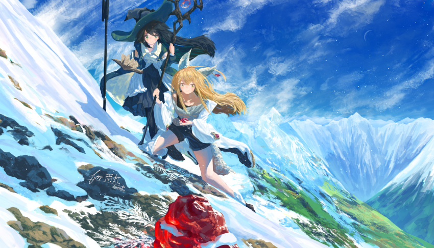 2girls animal_ears bangs black_shorts black_skirt black_thighhighs blonde_hair blood blood_on_face blue_sky blush book climbing closed_mouth cloud cloudy_sky commission day expressionless grass green_eyes green_headwear grey_shirt hair_over_shoulder hat highres holding holding_book holding_staff ice kajatony long_hair long_sleeves looking_down mountain multiple_girls original outdoors scenery shirt shorts sidelocks skeb_commission skirt sky smile snow snowflakes staff thighhighs white_shirt wide_sleeves witch_hat yellow_eyes