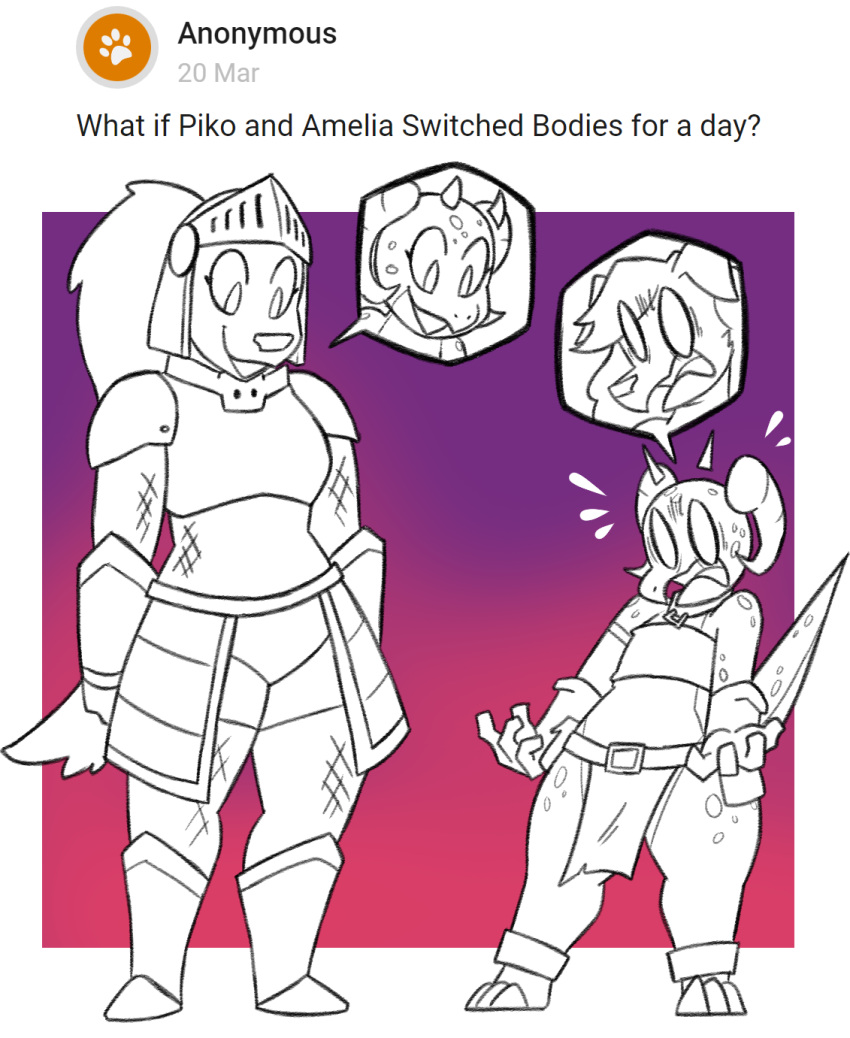2023 amelia_steelheart anthro armor body_swap bottomwear canid canine canis clothing digital_media_(artwork) domestic_dog duo eyelashes female gloves handwear hi_res horn kobold loincloth mammal piko_(simplifypm) potoobrigham scalie scared size_difference smile wide_hips