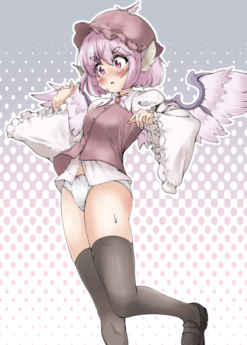 1girl animal_ears bird_ears bird_wings black_footwear black_thighhighs blush brown_headwear brown_vest collared_shirt frilled_sleeves frills hat highres long_sleeves mepikari mystia_lorelei open_mouth panties pink_eyes pink_hair shirt shoes short_hair sleeve_garter solo thighhighs touhou underwear vest white_panties white_shirt white_wings wide_sleeves winged_hat wings