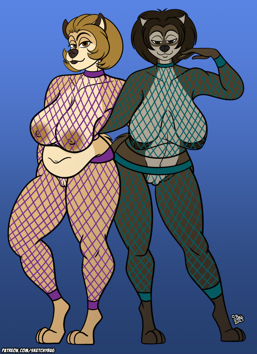 anthro breasts canid canine canis carney_(alpha_and_omega) duo eve_(alpha_and_omega) female female/female hi_res mammal sagging_breasts sketchybug wolf