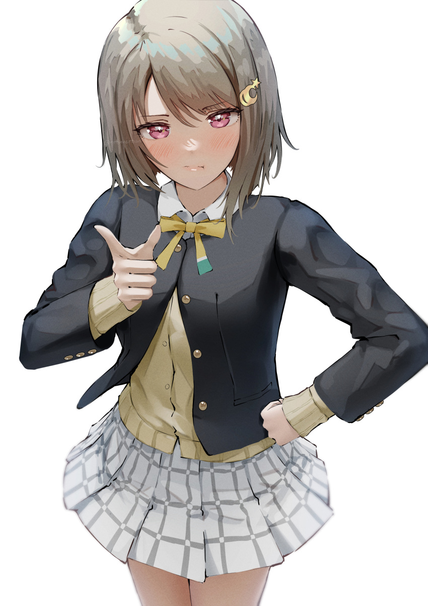 1girl absurdres asymmetrical_bangs asymmetrical_hair bangs black_jacket blazer blush brown_hair cardigan closed_mouth collared_shirt crescent crescent_hair_ornament hair_ornament hand_on_hip highres jacket long_sleeves love_live! love_live!_nijigasaki_high_school_idol_club nakasu_kasumi neck_ribbon nijigasaki_academy_school_uniform notinversion pink_eyes plaid plaid_skirt pointing pointing_at_viewer pout ribbon school_uniform shirt short_hair skirt solo white_background white_shirt white_skirt yellow_cardigan yellow_ribbon