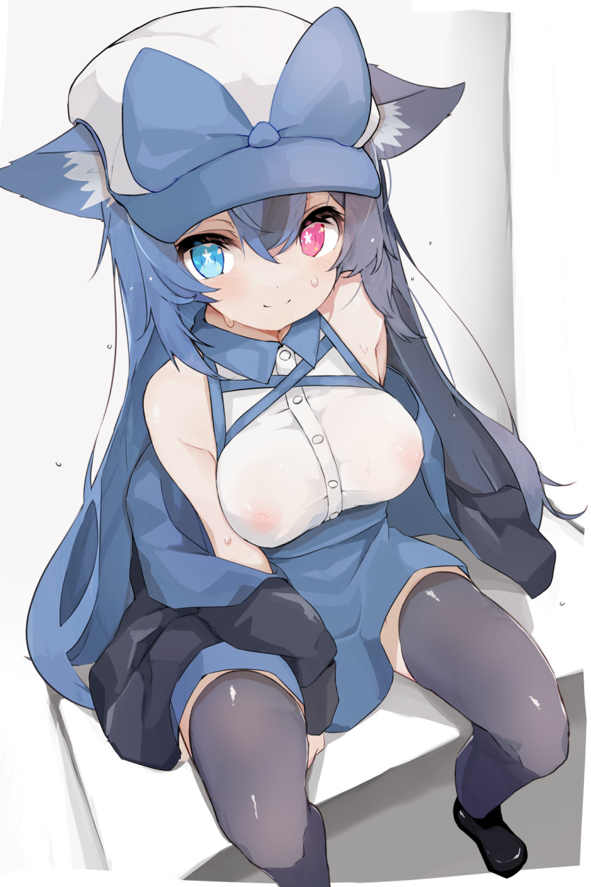 1girl bare_shoulders black_hair black_thighhighs blue_eyes blue_hair blush breasts covered_nipples hair_between_eyes hat hetero highres jacket long_hair looking_at_viewer off_shoulder original pink_eyes sleeveless solo star-shaped_pupils star_(symbol) sweat symbol-shaped_pupils teranekosu thighhighs