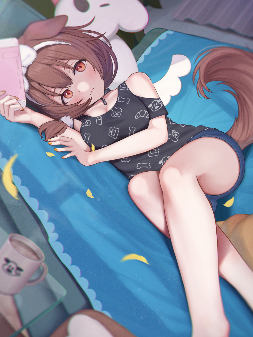 1girl :3 absurdres animal_ears animal_print bare_shoulders blush bone_print breasts brown_eyes brown_hair cleavage couch cup dog_ears dog_print hairband highres hololive inugami_korone long_hair looking_at_viewer lying nintendo_switch on_side shorts solo stuffed_toy virtual_youtuber yukinashi