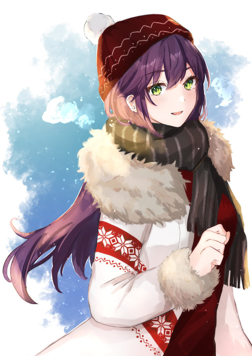 1girl bangs beanie black_scarf blush breath fringe_trim fur-trimmed_jacket fur-trimmed_sleeves fur_trim genderswap genderswap_(mtf) green_eyes hair_between_eyes hat highres jacket kenmochi_touya long_hair long_sleeves looking_at_viewer nijisanji open_clothes open_jacket purple_hair red_headwear red_sweater scarf sleeves_past_wrists snowing solo sweater tsumetsume_zerii very_long_hair virtual_youtuber white_jacket