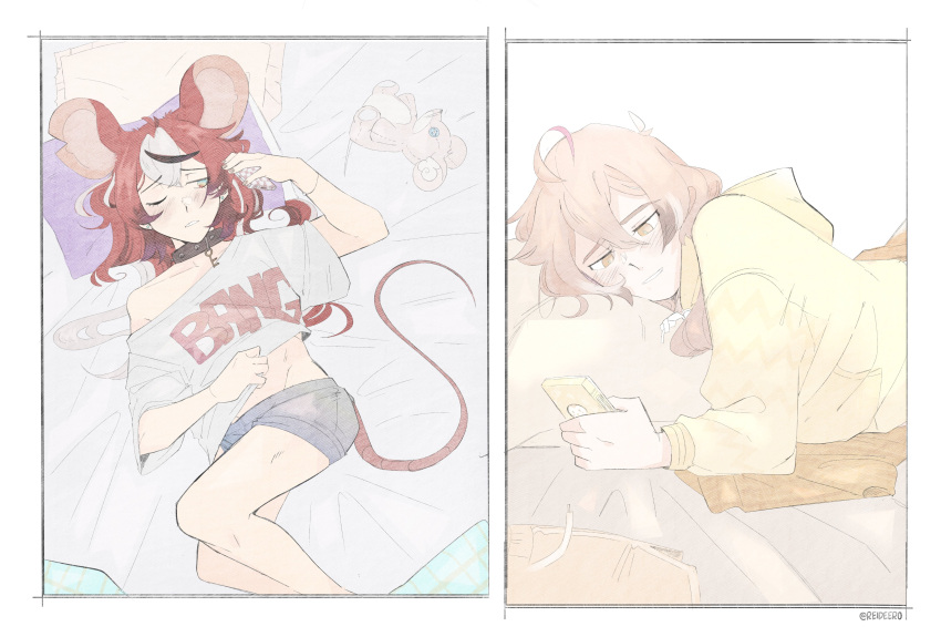 2girls absurdres ahoge animal_ears bed bed_sheet black_hair blush brown_hair cellphone collar hakos_baelz highres hololive hololive_english messy_hair mouse_ears mouse_girl mouse_tail multicolored_hair multiple_girls nanashi_mumei phone pillow red_hair reideero shorts stuffed_animal stuffed_toy tail virtual_youtuber white_hair