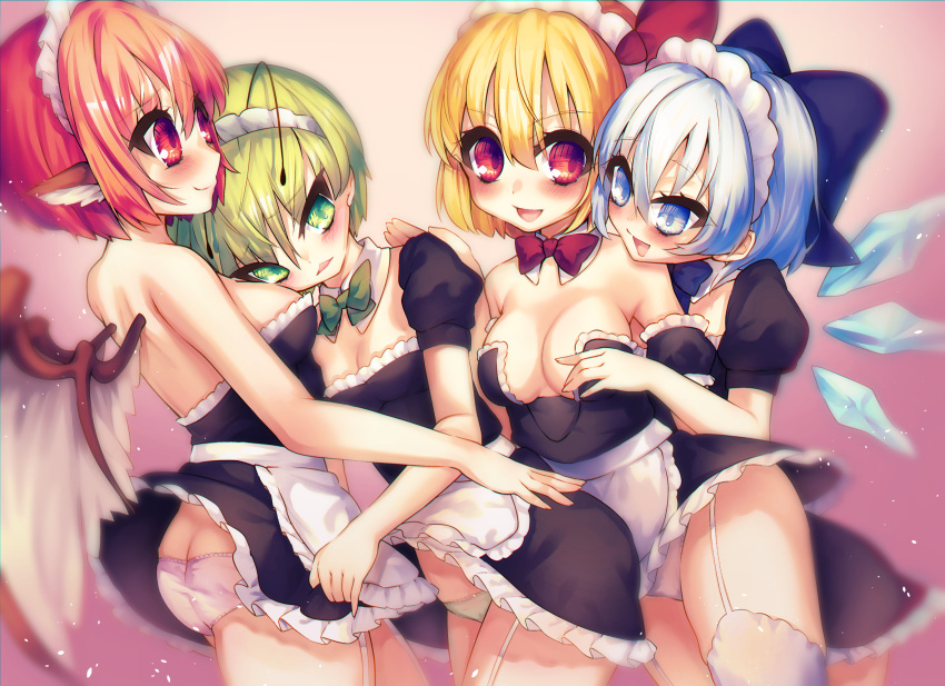 4girls alternate_costume animal_ears antennae apron bird_ears bird_wings black_dress blonde_hair blue_bow blue_eyes blue_hair blush bow breasts cirno closed_mouth commission detached_wings dress enmaided fairy frilled_apron frills garter_straps green_eyes green_hair green_panties hadurin_(zdmzy) hair_bow hair_ribbon highres ice ice_wings large_breasts maid maid_apron maid_headdress medium_breasts multiple_girls mystia_lorelei open_mouth panties pink_eyes pink_hair puffy_short_sleeves puffy_sleeves red_eyes red_ribbon ribbon rumia short_hair short_sleeves skeb_commission small_breasts smile team_9 thighhighs touhou underwear waist_apron white_apron white_panties white_thighhighs white_wings wings wriggle_nightbug