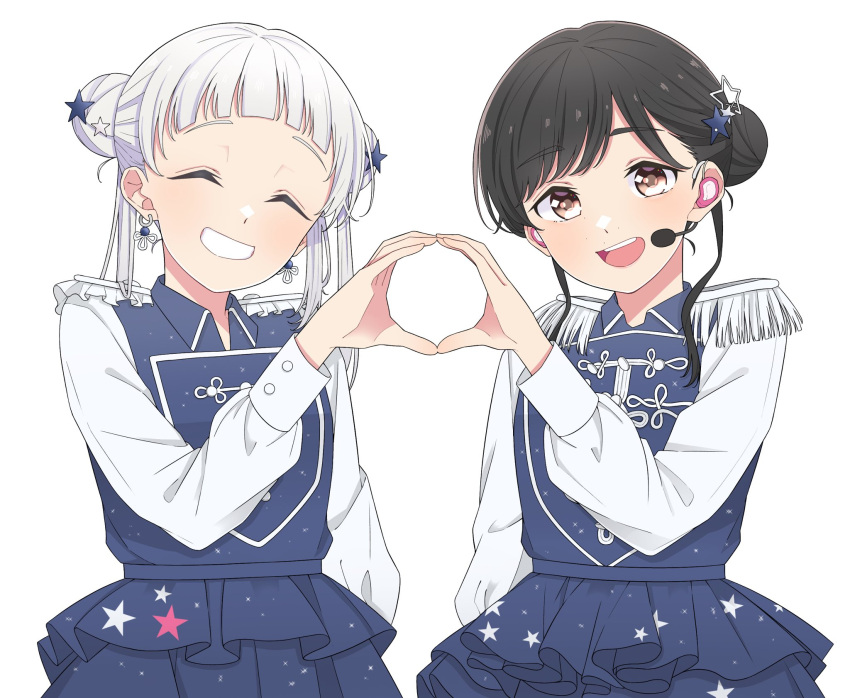 2girls ^_^ animification arashi_chisato bangs black_hair blue_jacket blue_skirt brown_eyes closed_eyes double_bun earpiece epaulettes hair_behind_ear hair_bun hair_ornament heart heart_hands heart_hands_duo highres jacket looking_at_viewer love_live! love_live!_superstar!! misaki_nako multiple_girls open_mouth real_life single_side_bun skirt smile star_(symbol) star_hair_ornament twintails voice_actor wabe417 white_background