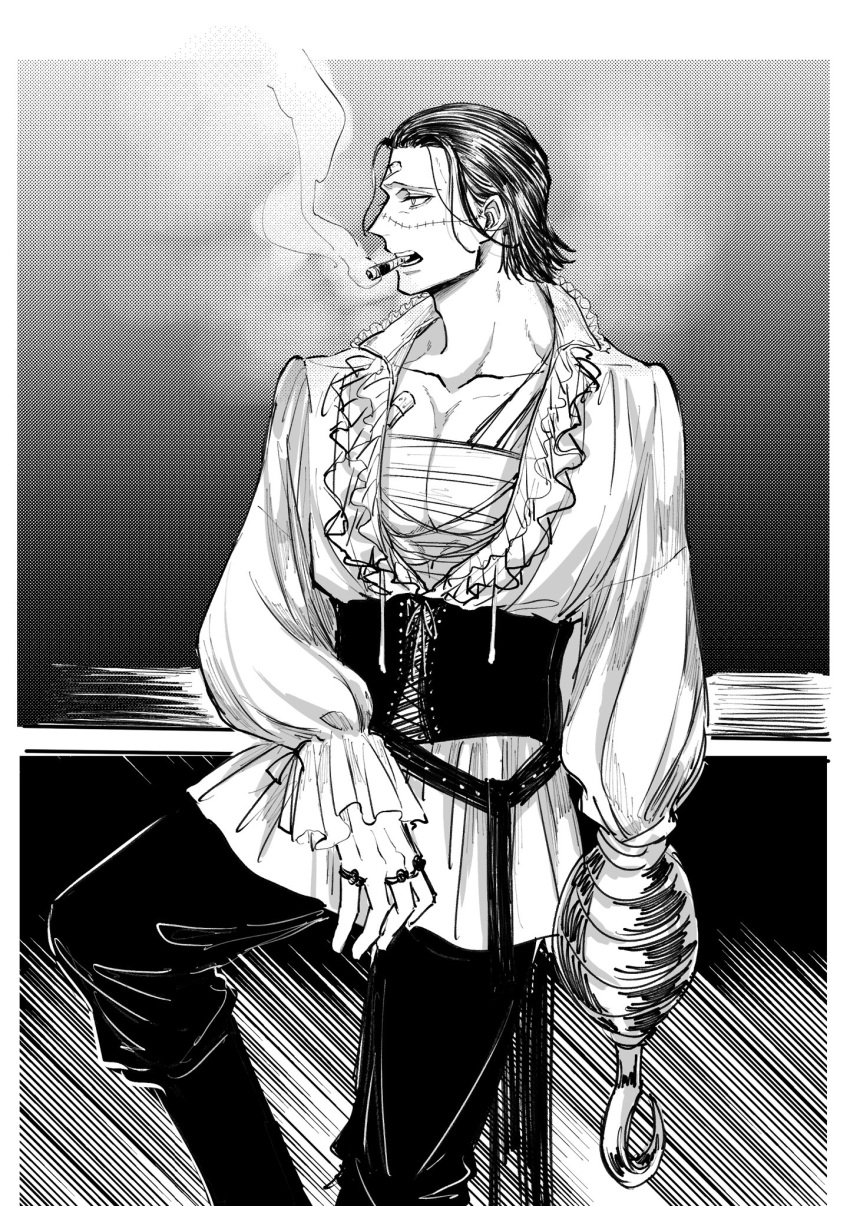 1boy against_railing bandaged_chest bandaid bandaid_on_chest bandaid_on_face belt boots cigar collarbone corset crocodile_(one_piece) feet_out_of_frame frilled_shirt frills greyscale hair_slicked_back highres hook hook_hand itokon300 jewelry leg_up long_sleeves looking_to_the_side male_focus monochrome multiple_rings one_piece open_clothes open_shirt pants pectoral_cleavage pectorals profile railing ring scar scar_on_face scar_on_nose shirt short_hair smoke smoking solo standing stitched_face stitches teeth