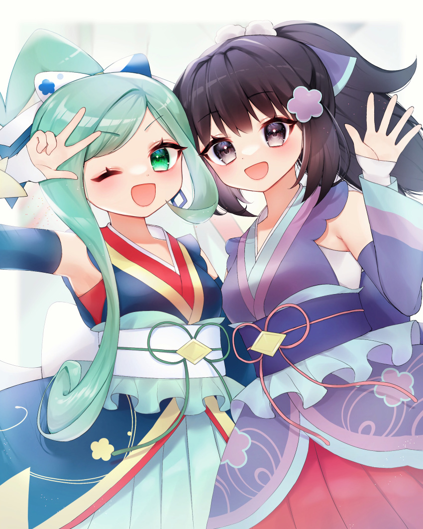2girls :d ;d absurdres bangs black_hair commentary_request dawn_(new_year's_2023)_(pokemon) dawn_(pokemon) detached_sleeves eyelashes green_eyes green_hair green_ribbon green_skirt hair_ribbon hand_up highres japanese_clothes kimono lisia_(new_year's_2023)_(pokemon) lisia_(pokemon) looking_at_viewer multiple_girls official_alternate_costume one_eye_closed open_mouth pleated_skirt pokemon pokemon_(game) pokemon_masters_ex ponytail purple_ribbon red_skirt ribbon sash skirt smile w white_sash yama_(toaru_puyopuyo)