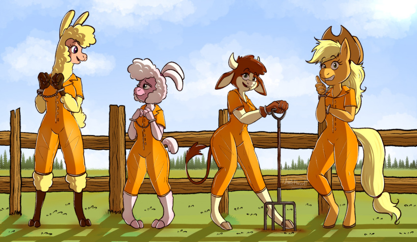 2_horns 2_toes 3_fingers 4_fingers alpaca anthro anthrofied applejack_(mlp) arizona_cow_(tfh) blonde_hair bovid bovine brown_body brown_fur camelid caprine cattle clothing cloven_hooves cowboy_hat cuff_(restraint) dipstick_ears earth_pony equid equine eyebrows feet female fingers friendship_is_magic fur gesture grin group hair handcuffs hasbro hat headgear headwear hooved_fingers hooves horn horse jarethnerl long_tail mammal metal_cuffs multicolored_ears my_little_pony orange_body paprika_paca_(tfh) pink_body pom_(tfh) pony prison_uniform prisoner restraints scut_tail sheep short_tail smile tail tail_tuft tan_body them's_fightin'_herds thumbs_up toes tuft white_body white_fur wool_(fur) yellow_body yellow_fur yellow_tail
