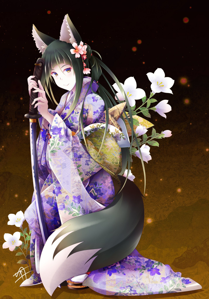 animal_ears bangs bellflower black_hair blunt_bangs floral_background floral_print flower fox_ears fox_girl fox_tail fudo_shin hair_bun hair_ornament highres holding holding_weapon japanese_clothes katana kimono kitsunegasaki_tametsugu_(tenka_hyakken) long_hair looking_at_viewer obi_bow red_eyeliner sidelocks squatting sword tail tenka_hyakken weapon wide_sleeves