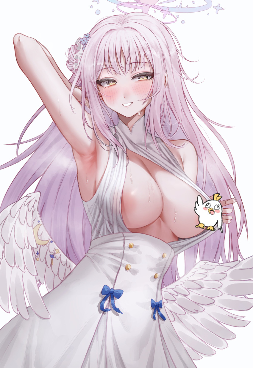 1girl absurdres angel_wings areola_slip armpits bangs blue_archive blue_flower blue_ribbon blush breasts censored censored_nipples character_censor cleavage clothes_lift crescent dress dress_lift flower frilled_ribbon frills hair_bun hair_flower hair_ornament hair_ribbon halo highres hot large_breasts lifted_by_self long_hair looking_at_viewer low_wings mika_(blue_archive) nompang novelty_censor peroro_(blue_archive) pink_hair ribbon single_side_bun smile solo sweat white_dress white_ribbon white_wings wing_ornament wings yellow_eyes