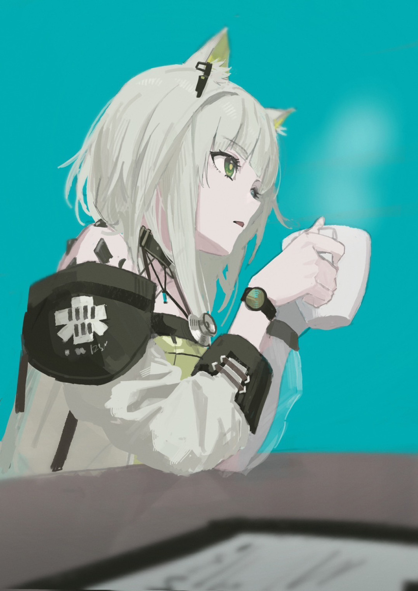 1girl animal_ear_fluff animal_ears arknights blue_background blurry cat_ears commentary cup depth_of_field from_side green_eyes grey_hair highres holding holding_cup kal'tsit_(arknights) long_sleeves nekoreito open_clothes open_mouth oripathy_lesion_(arknights) short_hair simple_background solo steam stethoscope symbol-only_commentary table upper_body watch wristwatch