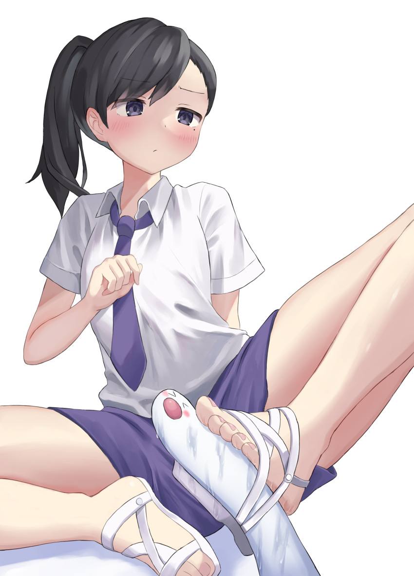 &gt;_&lt; 1girl absurdres arm_behind_back bangs black_hair blush closed_mouth collared_shirt commentary_request grey_eyes highres juliana_(pokemon) kajitsu_no_hito mole mole_under_eye necktie pokemon pokemon_(creature) pokemon_(game) pokemon_sv pokephilia ponytail purple_necktie purple_shorts sandals shirt short_sleeves shorts simulated_footjob slime_(substance) spread_legs toenails toes white_background white_footwear white_shirt wiglett