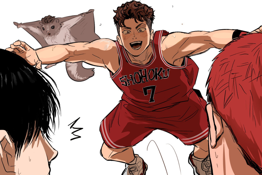 3boys basketball_jersey basketball_uniform black_hair brown_hair flying_squirrel gyeol52374045 highres jumping korean_commentary looking_at_another male_focus miyagi_ryouta multiple_boys pompadour red_hair red_shirt red_shorts rukawa_kaede sakuragi_hanamichi shirt shoes short_hair shorts simple_background slam_dunk_(series) sleeveless sleeveless_shirt sneakers sportswear squirrel translation_request white_background