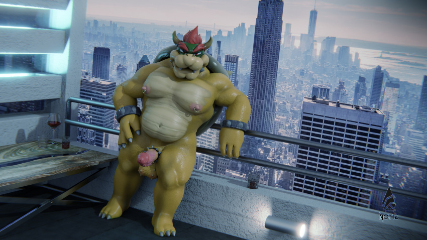 absurd_res accessory anthro balls belly bowser cock_ring collar erection genitals hi_res horn jewelry koopa looking_at_viewer male male/male mario_bros musclegut muscular muscular_male nintendo nipple_piercing nipples notte_(artist) nude outside overweight pecs penis penis_accessory penis_jewelry piercing scalie skyscraper smile solo solo_focus spikes teasing