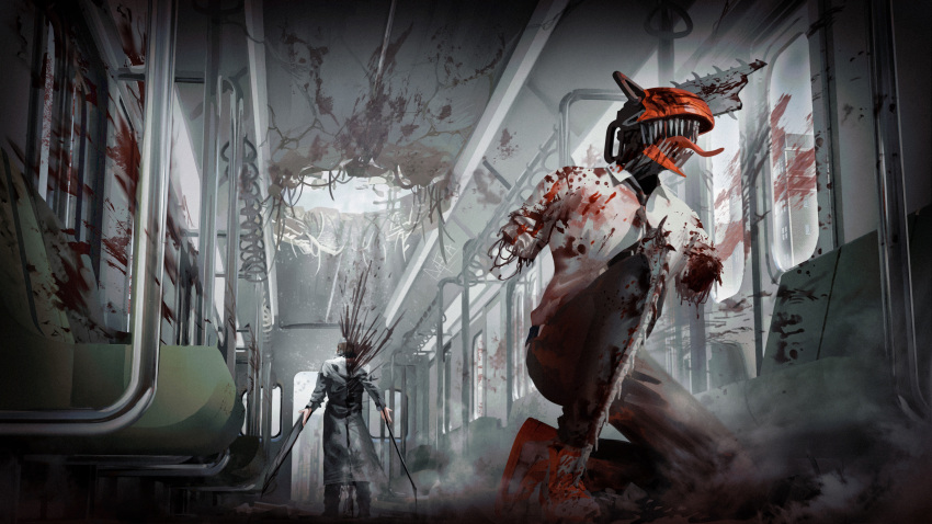 2boys absurdres black_coat black_necktie black_pants blood blood_on_clothes blood_on_wall blood_splatter blood_spray chainsaw chainsaw_man coat collared_shirt destruction facing_away facing_to_the_side hat highres katana katana_man_(chainsaw_man) military_hat multiple_boys naofaro necktie no_arms one_knee open_mouth pants sharp_teeth shirt shirt_tucked_in standing sword teeth tongue tongue_out train_interior weapon white_shirt
