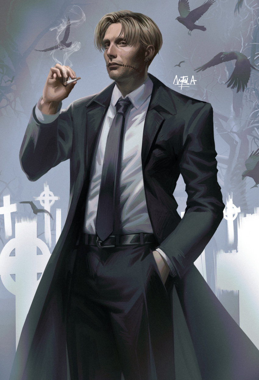 1boy absurdres bird black_coat black_necktie black_pants blonde_hair chainsaw_man cigarette coat collared_shirt cowboy_shot crow ear_piercing facial_hair formal graveyard hand_in_pocket highres holding holding_cigarette kishibe_(chainsaw_man) looking_at_viewer mads_mikkelsen naofaro necktie pants piercing realistic shirt shirt_tucked_in short_hair smoke solo stitched_face stitched_mouth stitches stubble suit tombstone white_shirt