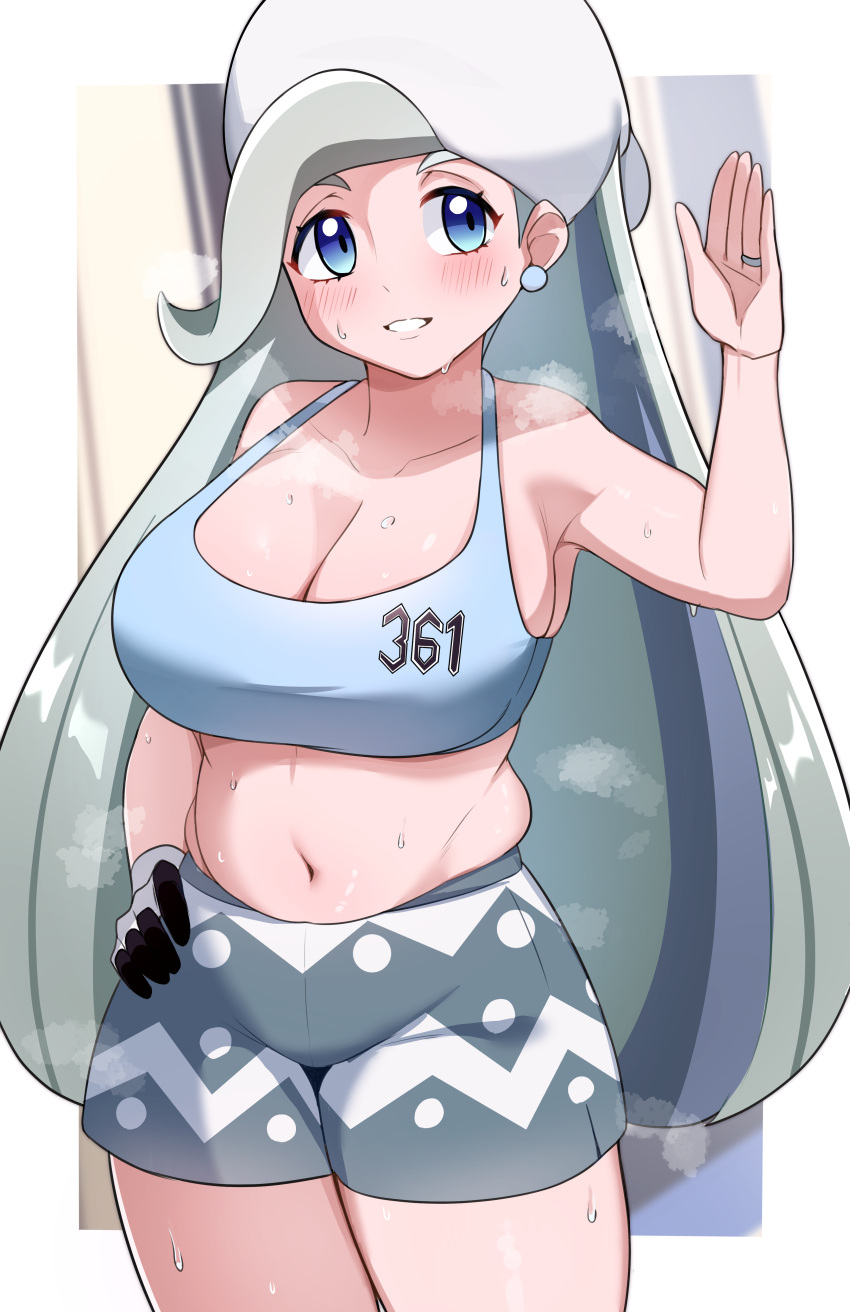 1girl absurdres adapted_costume blue_eyes blush breasts cleavage collarbone commentary commission cowboy_shot earrings eyelashes gloves hand_on_hip hand_up hat highres jewelry long_hair mature_female melony_(pokemon) navel nokmaaa pokemon pokemon_(game) pokemon_swsh ring short_shorts shorts single_glove smile solo sports_bra sportswear steam sweat white_headwear