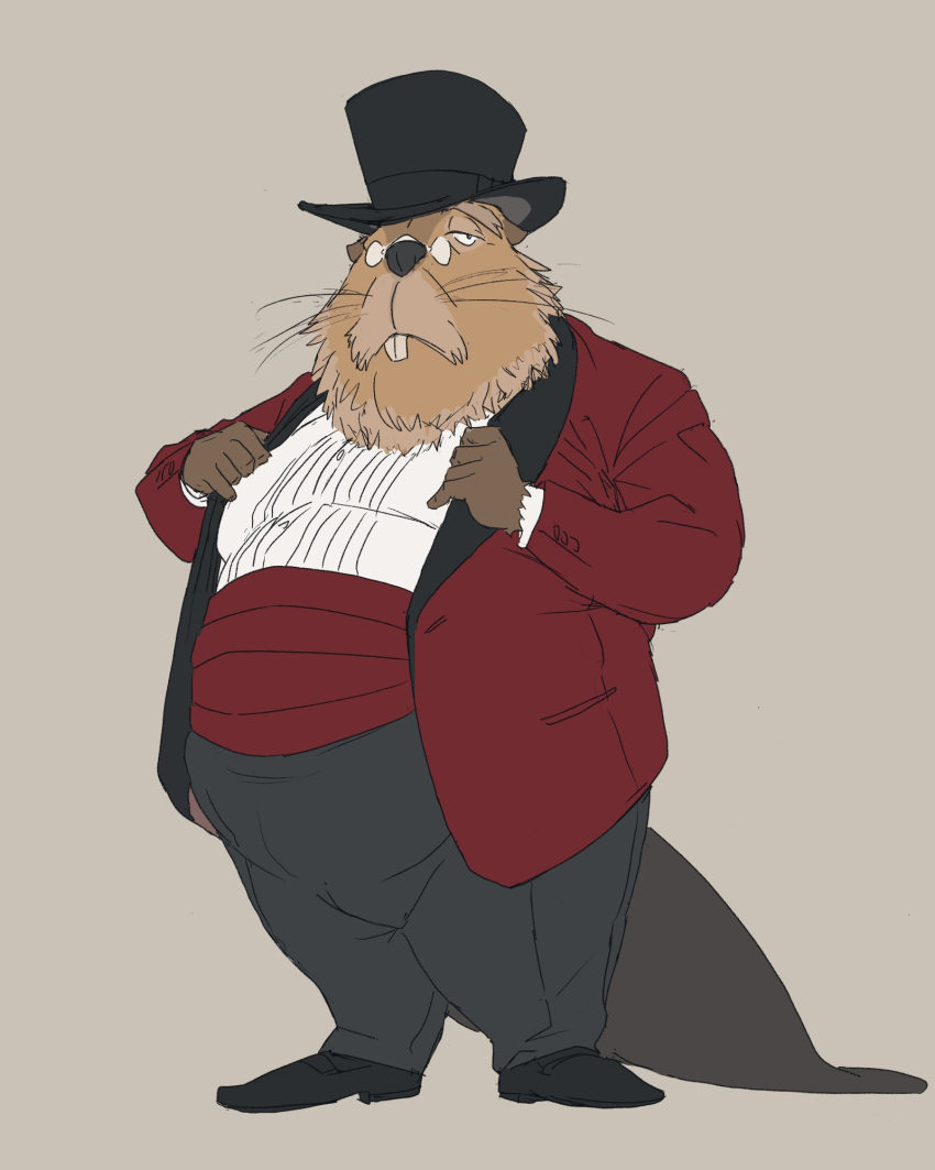 2023 anthro beaver belly big_belly bottomwear brown_body clothing eyewear glasses hat headgear headwear hi_res humanoid_hands kemono male mammal mature_male overweight overweight_male pants pesrev rodent shirt simple_background solo topwear