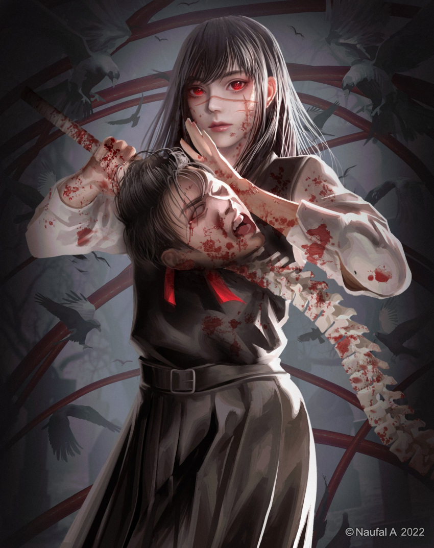 1girl artist_name bird black_hair blank_eyes blood blood_on_clothes blood_on_face chainsaw_man cross_scar crow dated dress fourth_east_high_school_uniform highres holding holding_sword holding_weapon long_hair looking_at_viewer naofaro neck_ribbon open_mouth pinafore_dress red_eyes red_ribbon ribbon ringed_eyes scar scar_on_cheek scar_on_face school_uniform severed_head short_hair solo spine sword weapon yoru_(chainsaw_man)