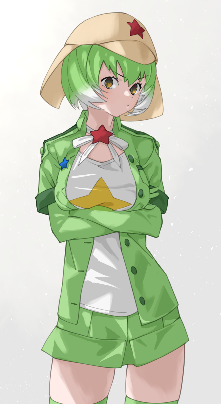 1girl absurdres arms_under_breasts commentary cowboy_shot crossed_arms elbow_gloves frown gloves gradient_hair green_gloves green_hair green_jacket green_skirt grey_background hat highres jacket kemono_friends kemono_friends_3 keroro_(kemono_friends) keroro_gunsou looking_at_viewer miniskirt multicolored_hair open_clothes open_jacket shirt short_hair short_sleeves simple_background skirt solo star_(symbol) tanabe_(fueisei) white_hair white_shirt yellow_eyes zettai_ryouiki
