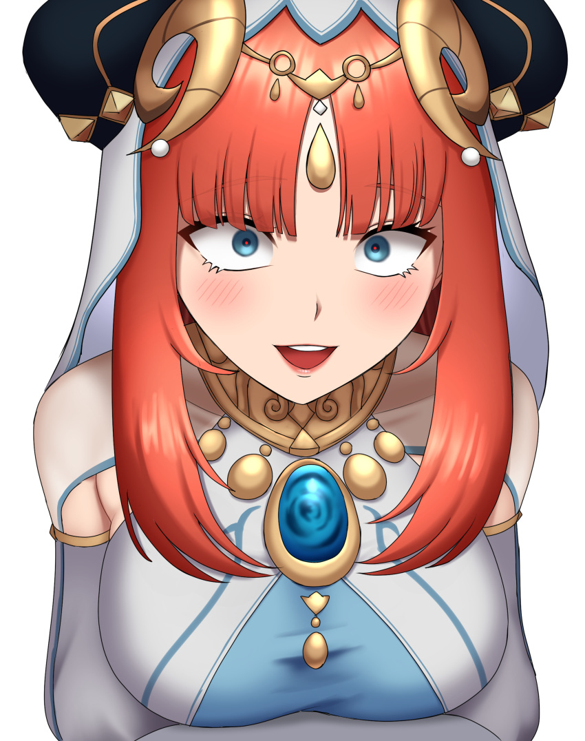 1girl 1nilla' :d absurdres blue_eyes blush breasts brooch commentary english_commentary fake_horns genshin_impact highres horns jewelry large_breasts long_hair long_sleeves looking_at_viewer neck_ring nilou_(genshin_impact) open_mouth red_hair simple_background smile solo veil white_background