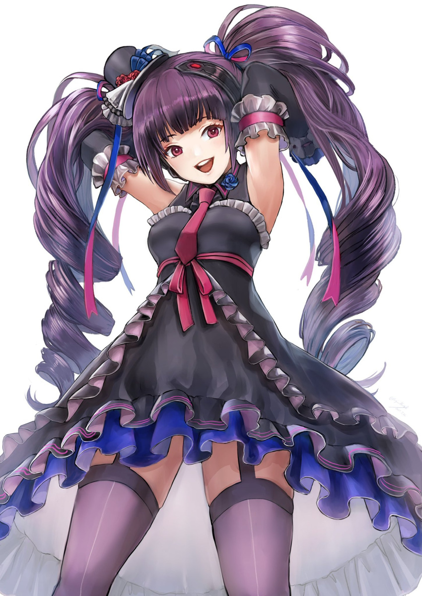 1girl another_eden armpits arms_behind_head bangs black_dress black_headwear blue_flower blue_ribbon blue_rose blunt_bangs breasts cowboy_shot curly_hair detached_sleeves dress dress_flower drill_hair flower frilled_dress frills garter_straps grey_thighhighs hair_ribbon hat highres komugiko_no_mori long_hair medium_breasts mini_hat necktie open_mouth pink_eyes purple_hair red_necktie ribbon rose sleeveless sleeveless_dress smile solo suzette_(another_eden) teeth thighhighs twin_drills upper_teeth_only white_background