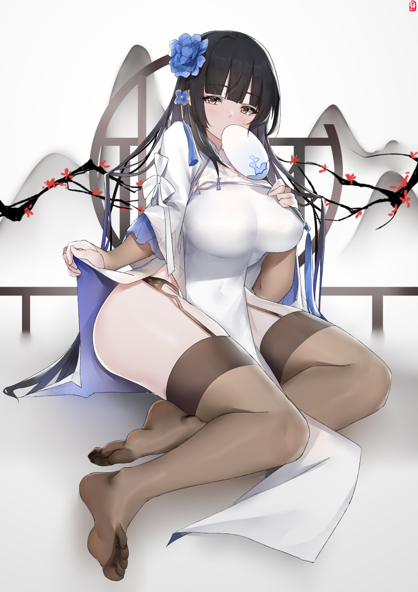 1girl absurdres black_hair breasts china_dress chinese_clothes covering_mouth dress flower full_body garter_belt girls'_frontline hair_flower hair_ornament hand_fan highres large_breasts looking_at_viewer no_shoes official_alternate_costume paper_fan pelvic_curtain side_slit sitting solo thighhighs thighs type_95_(girls'_frontline) type_95_(narcissus)_(girls'_frontline) white_dress yanwulazy yellow_eyes yokozuwari