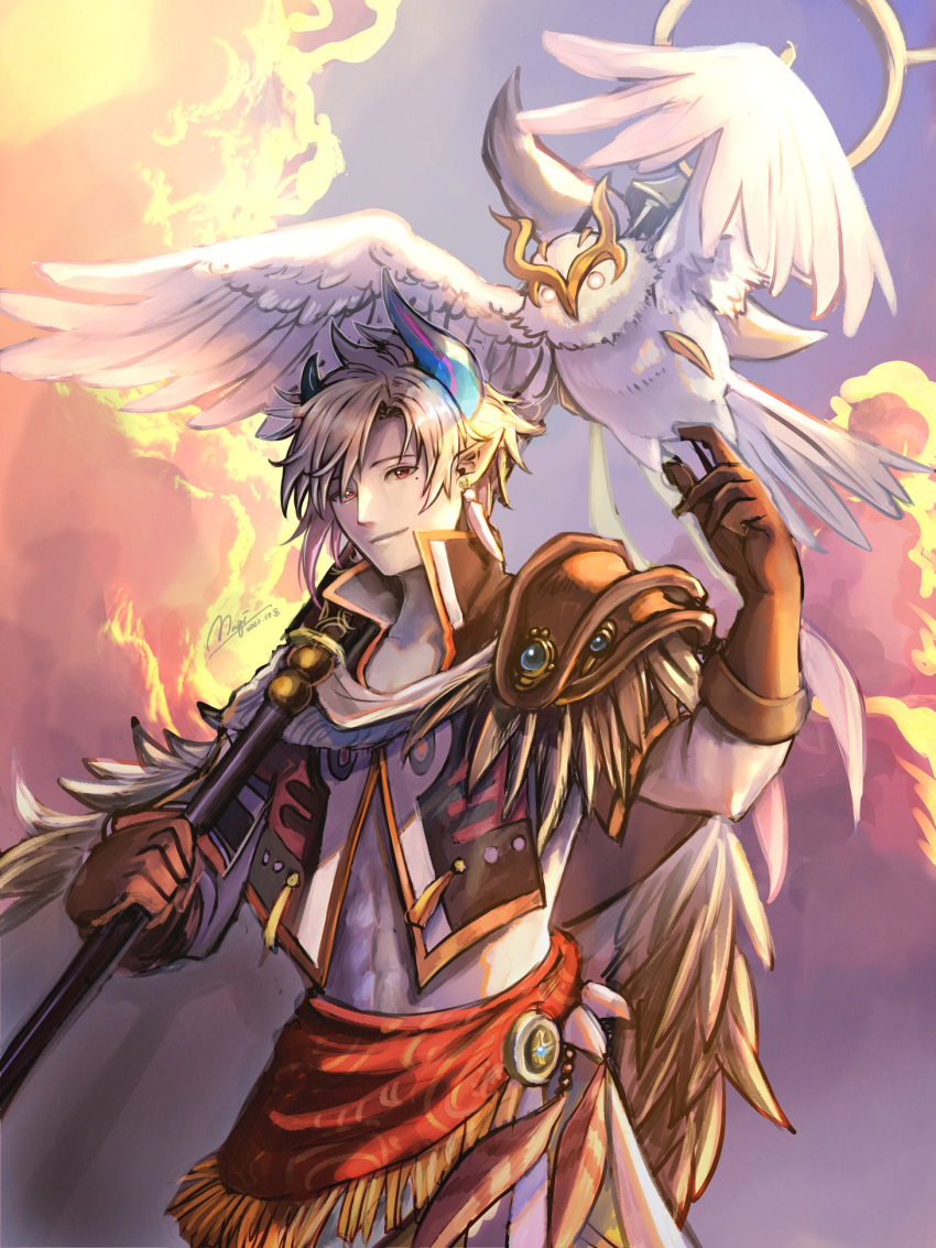 1boy abs another_eden armor bangs bird brown_gloves cloud cloudy_sky colored_skin cowboy_shot dunarith_(another_eden) earrings feather_earrings feather_trim feathers gloves grey_hair grey_skin highres holding holding_staff horns jewelry komugiko_no_mori male_focus mole mole_under_eye monster_boy owl parted_bangs short_hair shoulder_armor sky staff toned toned_male waist_sash