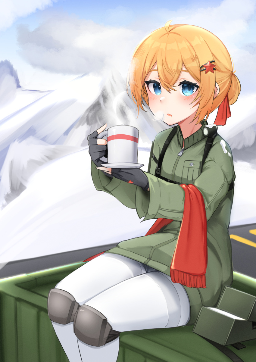 1girl absurdres blonde_hair blue_eyes blush coffee_mug commentary cup daebom fingerless_gloves gloves ground_vehicle hair_ornament highres jacket looking_at_viewer military military_vehicle motor_vehicle mountain mug original pantyhose personification scarf sitting snow t-34 tank war_thunder white_pantyhose