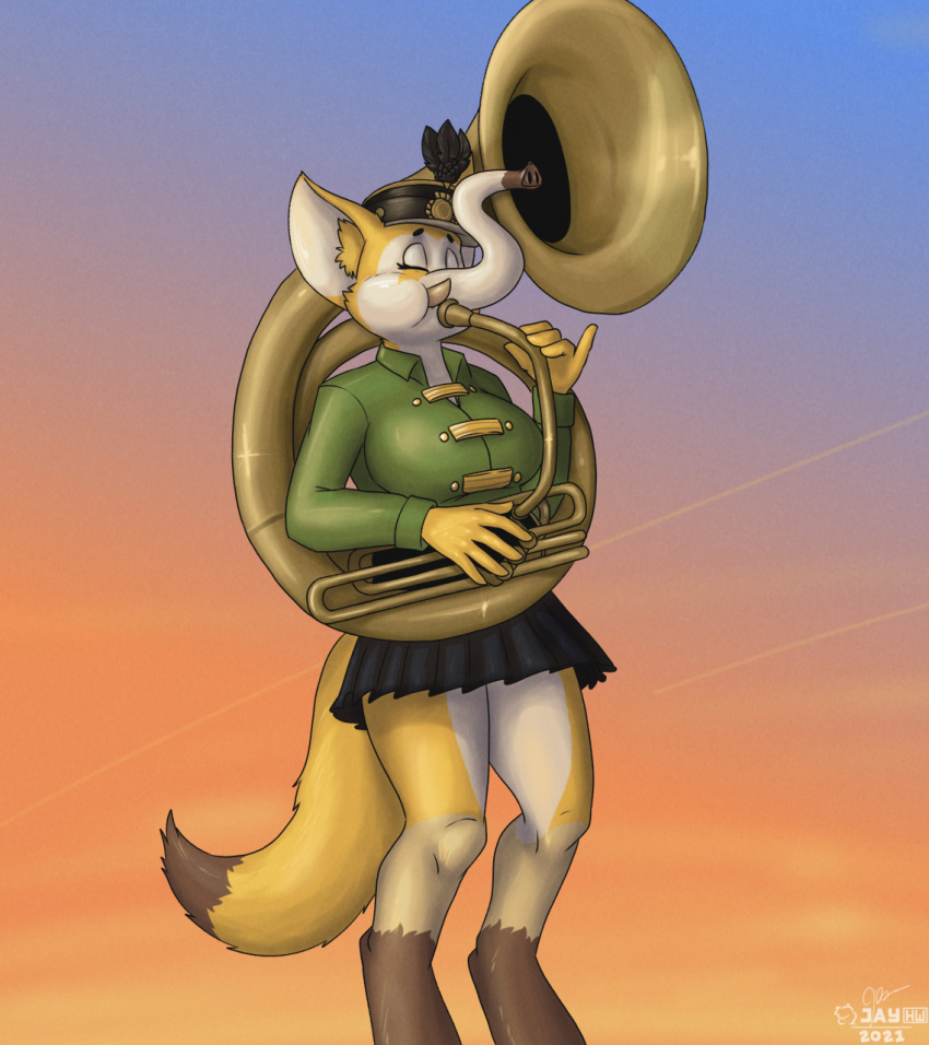 2021 5_fingers anthro artist_logo big_breasts big_ears black_clothing black_eyebrows black_eyelashes black_hat black_headwear black_miniskirt blue_background bottomwear brass_instrument breasts brown_body brown_fur canine_tail cheek_tuft clothing countershade_face countershade_legs countershade_thighs countershading digitigrade dipstick_tail elephant elephantid eyebrows eyes_closed facial_tuft female fingers fur gradient_background green_top hat headgear headwear hi_res hybrid inner_ear_fluff leg_markings logo mammal marching_band_uniform markings miniskirt musical_instrument orange_background playing_music proboscidean raised_finger raised_pinky sammfeatblueheart shaded signature simple_background skirt socks_(marking) solo sousaphone tail tail_markings tan_body tan_fur trunk tuft tusks uniform white_body white_fur wind_instrument yellow_body yellow_fur yellow_inner_ear_fluff