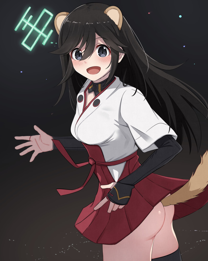 1girl animal_ears ass black_hair black_thighhighs blue_eyes blush breasts emu_1316 highres japanese_clothes large_breasts long_hair looking_at_viewer miko miniskirt night night_sky nishisugi_tomomi no_panties open_mouth red_skirt skirt sky smile solo star_(sky) tail thighhighs weasel_ears weasel_tail world_witches_series