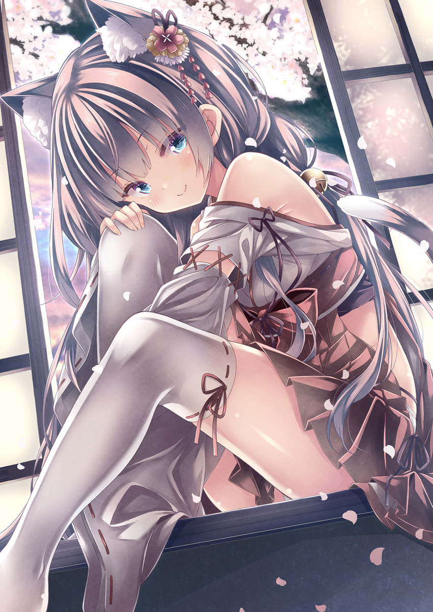 1girl animal_ear_fluff animal_ears bangs bell blue_eyes blush brown_hair cherry_blossoms commentary_request hair_bell hair_ornament highres japanese_clothes kimono knees_up long_hair looking_at_viewer miko nontraditional_miko original panties pantyshot pleated_skirt red_skirt ryo_(botugo) sitting skirt smile thighhighs thighs underwear white_kimono white_thighhighs window