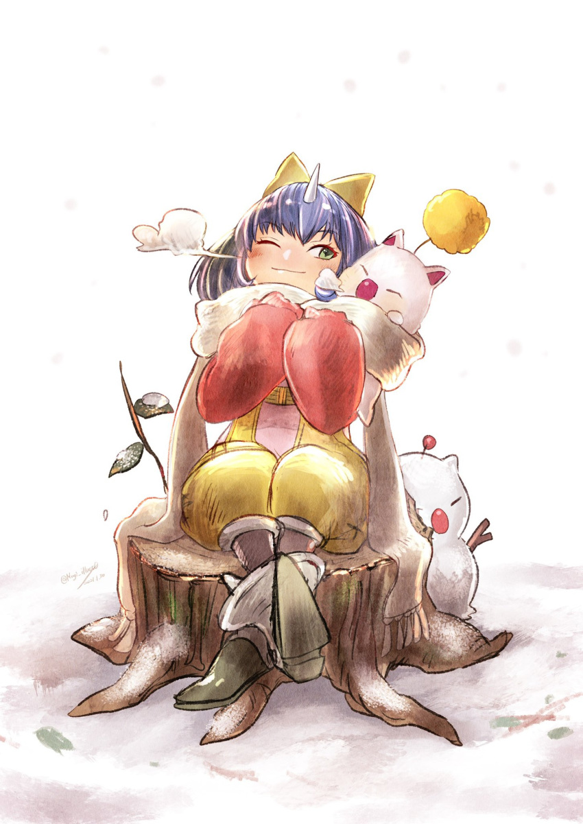 1girl blue_hair blush bodysuit boots bow crossed_ankles eiko_carol final_fantasy final_fantasy_ix full_body green_eyes hair_bow highres horns komugiko_no_mori long_sleeves moogle one_eye_closed pink_bodysuit puffy_long_sleeves puffy_sleeves red_shirt shirt short_hair single_horn sitting smile snow steam tree_stump twitter_username winter yellow_bow yellow_overalls