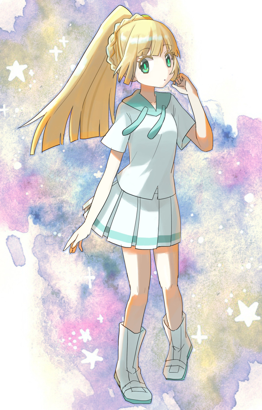 1girl absurdres bangs blonde_hair boots braid closed_mouth commentary_request eyelashes full_body green_eyes green_pupils hand_up highres knees lillie_(pokemon) long_hair looking_at_viewer peppedayo_ne pleated_skirt pokemon pokemon_(game) pokemon_sm ponytail shirt short_sleeves skirt solo tassel white_footwear white_shirt white_skirt