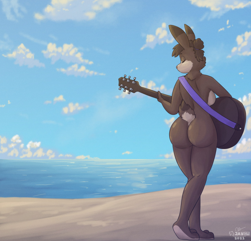 2021 accessory acoustic_guitar anthro artist_logo beach blue_sky breasts brown_body brown_fur brown_hair bubble_butt butt casual_nudity cheek_tuft cloudscape countershade_face countershade_feet countershade_tail countershade_torso countershading detailed_background dipstick_ears dipstick_tail dorsal_ridge eyes_closed facial_tuft feet female fur guitar hair hair_accessory hair_tie hi_res lagomorph leporid logo looking_back mammal markings multicolored_ears musical_instrument neck_tuft one_eye_obstructed pink_nose plantigrade playing_guitar playing_music plucked_string_instrument public public_nudity purple_hair_tie rabbit raised_tail rear_view sammfeatblueheart sea seaside shaded shadow shoulder_blades signature sky solo string_instrument tail tail_markings tan_body tan_fur tuft twix_(sammfeatblueheart) water white_clouds